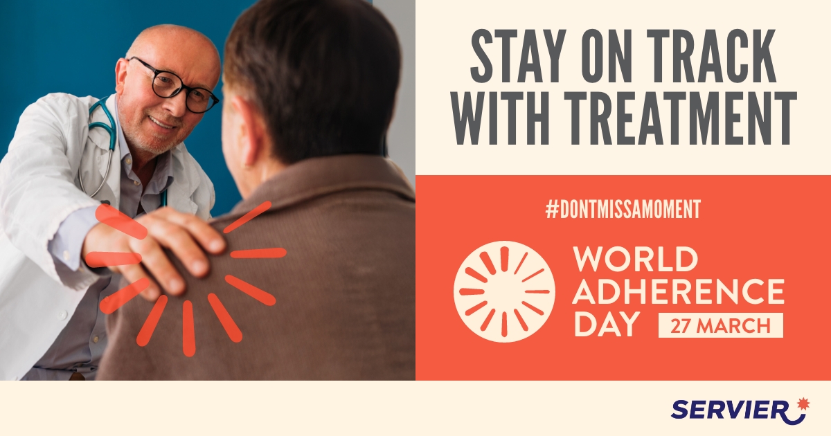 Doctor reassuring a patient during a consultation, with message promoting treatment adherence for World Adherence Day.