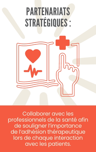 Un livre avec un cœur sur la page de gauche et une ligne de rythme cardiaque dessous, une main pointant la page de droite sous une croix rouge et une bannière rouge en bas portant le message : « Travail en collaboration avec les professionnels de santé pour renforcer l’importance de l’adhésion à chaque interaction avec le patient »