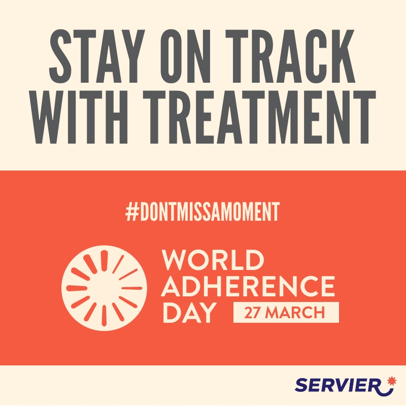 Banner that reads “Stick on track with treatment. Don’t miss a moment – World Adherence Day, 27 March”